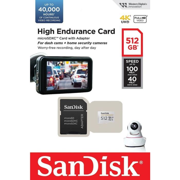 SanDisk High Endurance video microSDHC 512GB + SD Adapter Full HD / 4K video, do 100/40 MB/s C10, U3 SanDisk High Endurance video microSDHC 512GB + SD Adapter Full HD / 4K video, do 100/40 MB/s C10, U3