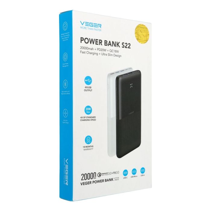 VEGER S22 prenosna baterija 20000mAh ultra slim,črna VEGER S22 prenosna baterija 20000mAh ultra slim,črna