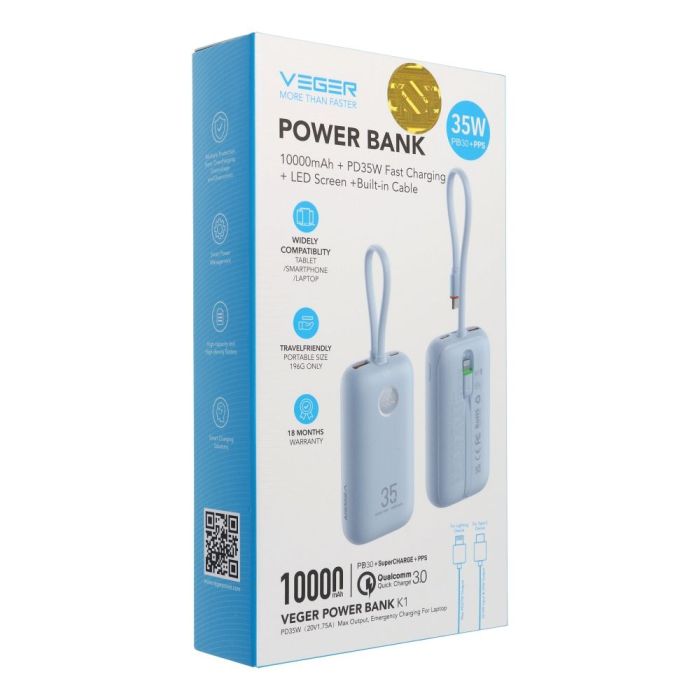 VEGER prenosna baterija z vgrajenimi kabli 10000 mAh, modra VEGER prenosna baterija z vgrajenimi kabli 10000 mAh, modra