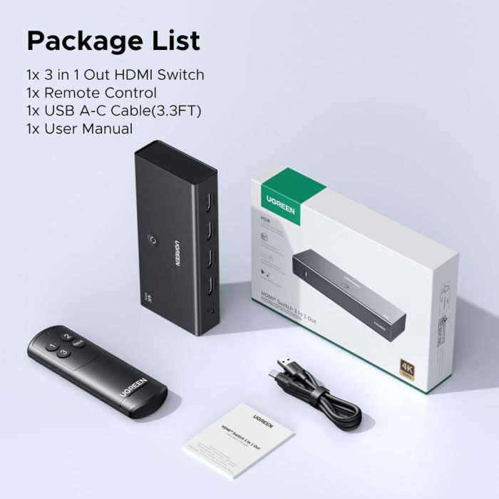 Ugreen HDMI stikalo 4K@60Hz, razdelilnik 3 v 1 s HDR+ podporo Ugreen HDMI stikalo 4K@60Hz, razdelilnik 3 v 1 s HDR+ podporo