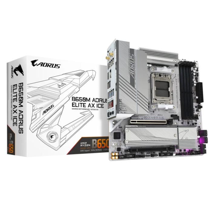 GIGABYTE B650M AORUS ELITE AX ICE, DDR5, SATA3, USB3.2Gen2x2, DP, 2.5GbE, WiFi 6E, AM5 mATX GIGABYTE GIGABYTE B650M AORUS ELITE AX ICE, DDR5, SATA3, USB3.2Gen2x2, DP, 2.5GbE, WiFi 6E, AM5 mATX