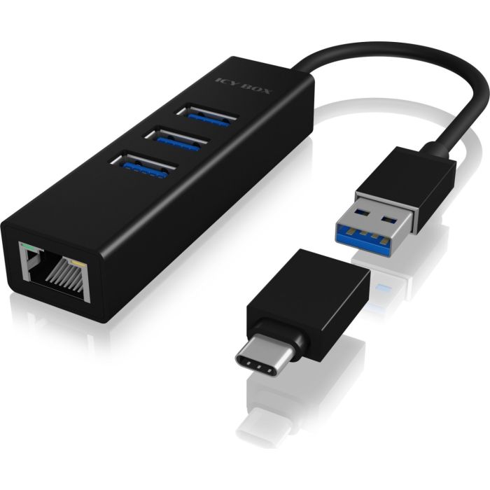 IcyBox IB-HUB1419-LAN USB-A/C mrežna kartica in 4-portni HUB ICYBOX IcyBox IB-HUB1419-LAN USB-A/C mrežna kartica in 4-portni HUB