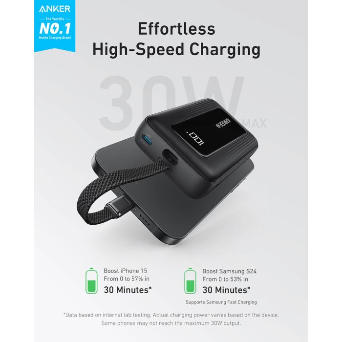 Anker Zolo Powerbank 10000 mAh, 30W z vgrajenim kablom USB-C, črn