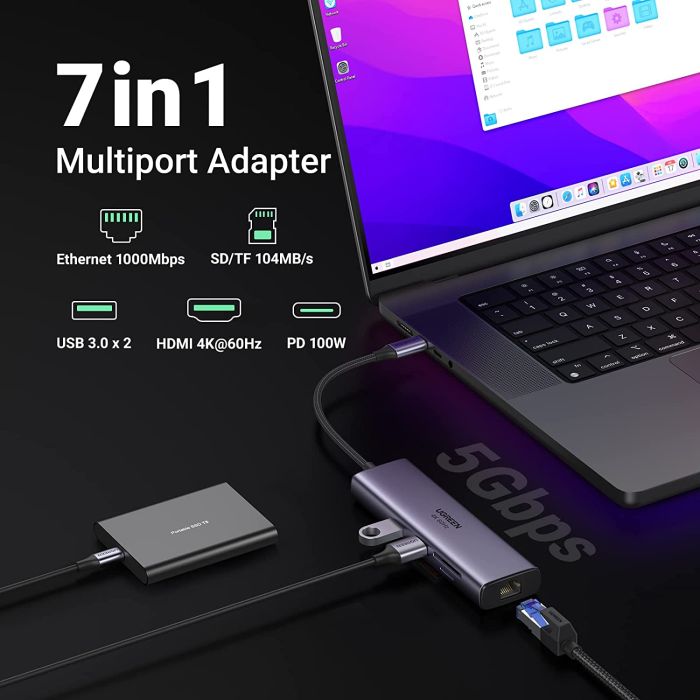 Ugreen 7v1 USB-C HUB HDMI+RJ45+čitalec kartic+USB+PD 100W UGREEN Ugreen 7v1 USB-C HUB HDMI+RJ45+čitalec kartic+USB+PD 100W