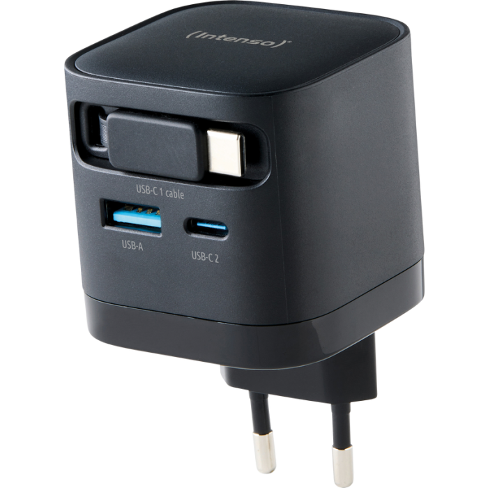 Intenso 65W GaN napajalnik z vgrajenim kablom USB-C, črn INTENSO Intenso 65W GaN napajalnik z vgrajenim kablom USB-C, črn