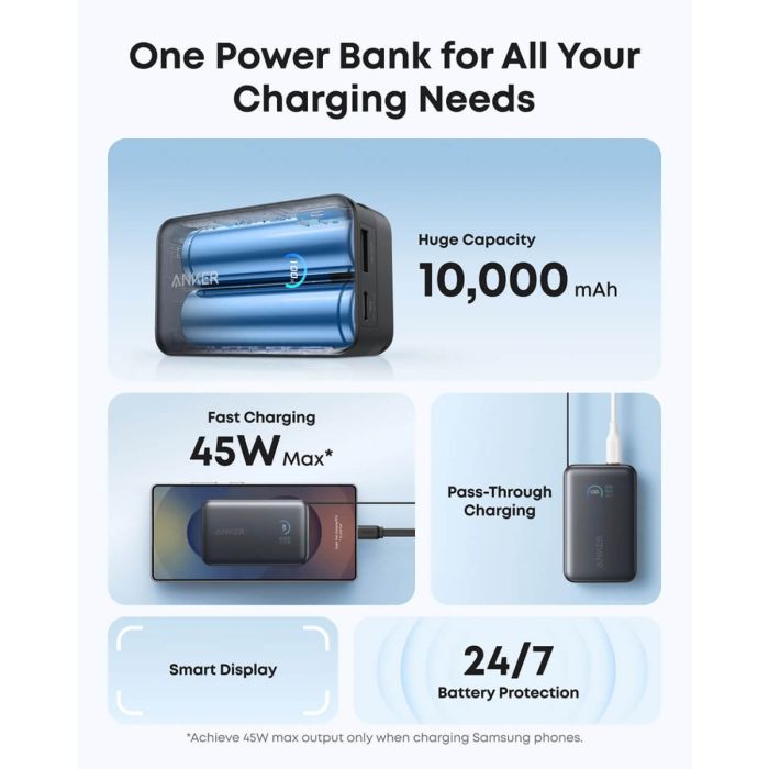 Anker Nano Power Bank 10000 mAh, 45W z vgrajenim USB-C kablom, črn ANKER Anker Nano Power Bank 10000 mAh, 45W z vgrajenim USB-C kablom, črn
