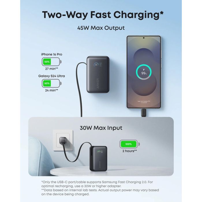 Anker Nano Power Bank 10000 mAh, 45W z vgrajenim USB-C kablom, črn ANKER Anker Nano Power Bank 10000 mAh, 45W z vgrajenim USB-C kablom, črn