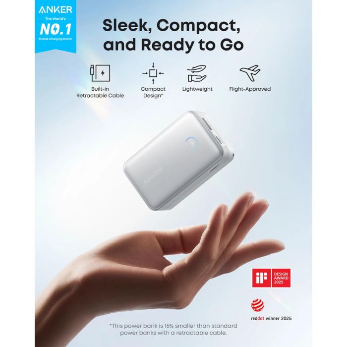 Anker Nano Power Bank 10000 mAh, 45W z vgrajenim USB-C kablom, bel ANKER Anker Nano Power Bank 10000 mAh, 45W z vgrajenim USB-C kablom, bel
