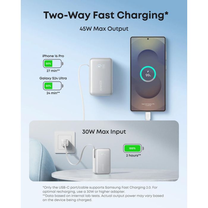 Anker Nano Power Bank 10000 mAh, 45W z vgrajenim USB-C kablom, bel ANKER Anker Nano Power Bank 10000 mAh, 45W z vgrajenim USB-C kablom, bel