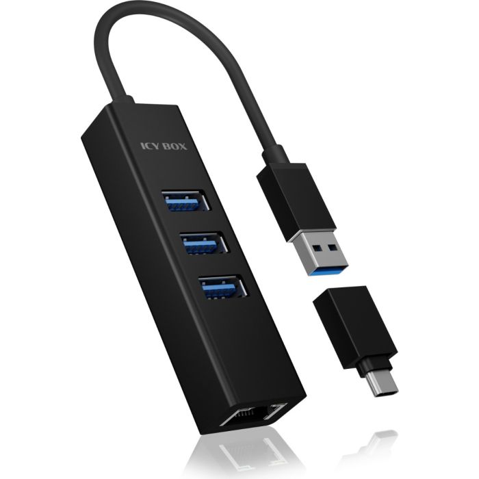 IcyBox IB-HUB1419-LAN USB-A/C mrežna kartica in 4-portni HUB ICYBOX IcyBox IB-HUB1419-LAN USB-A/C mrežna kartica in 4-portni HUB