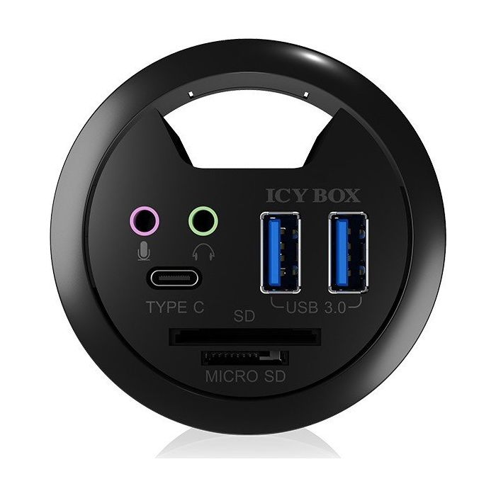 Icybox IB-HUB1404A 2x USB 3.0 hub, 1x USB-C, audio 3,5mm priključki in čitalnik kartic za vgradnjo v mizo