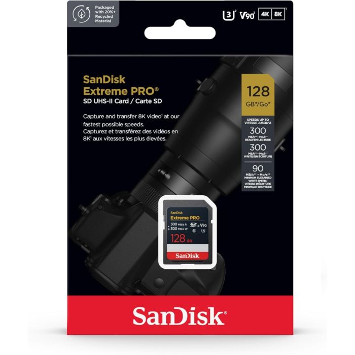 SanDisk Extreme PRO 128GB SDXC spominska kartica, 300MB/s branje/pisanje, 8K, V90, UHS-II SANDISK SanDisk Extreme PRO 128GB SDXC spominska kartica, 300MB/s branje/pisanje, 8K, V90, UHS-II