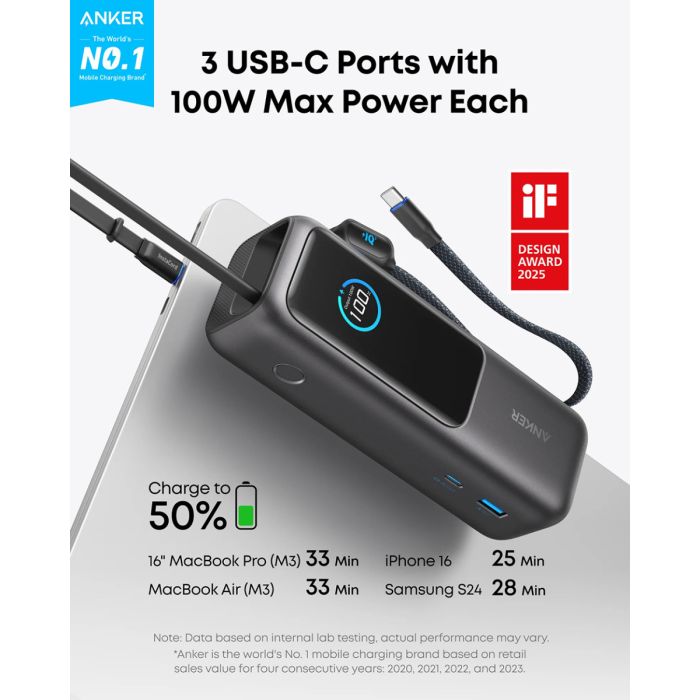 Anker Powerbank 25000 mAh z vgrajenim kablom USB-C, 165W, črn ANKER Anker Powerbank 25000 mAh z vgrajenim kablom USB-C, 165W, črn