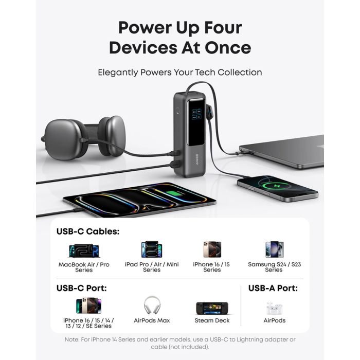 Anker Powerbank 25000 mAh z vgrajenim kablom USB-C, 165W, črn ANKER Anker Powerbank 25000 mAh z vgrajenim kablom USB-C, 165W, črn
