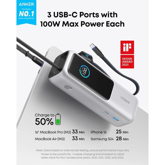 Anker Powerbank 25000 mAh z vgrajenim kablom USB-C, 165W, srebrn ANKER Anker Powerbank 25000 mAh z vgrajenim kablom USB-C, 165W, srebrn