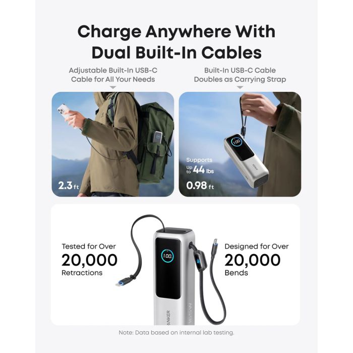 Anker Powerbank 25000 mAh z vgrajenim kablom USB-C, 165W, srebrn ANKER Anker Powerbank 25000 mAh z vgrajenim kablom USB-C, 165W, srebrn