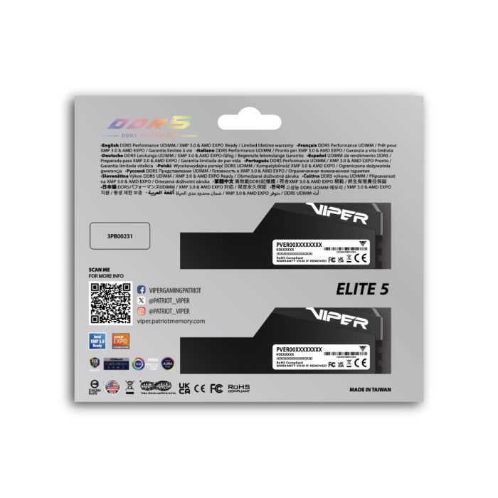 Patriot Viper Elite 5 Ultra RGB Kit 64GB (2x32GB) DDR5-6400 DIMM CL32, 1.4V PATRIOT Patriot Viper Elite 5 Ultra RGB Kit 64GB (2x32GB) DDR5-6400 DIMM CL32, 1.4V