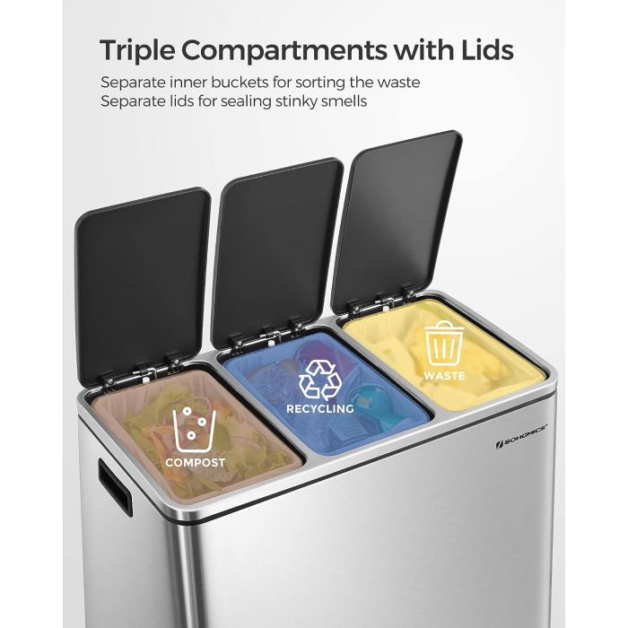 SONGMICS koš za ločevanje odpadkov 3x 18L srebrno črn, LTB54NL SONGMICS SONGMICS koš za ločevanje odpadkov 3x 18L srebrno črn, LTB54NL