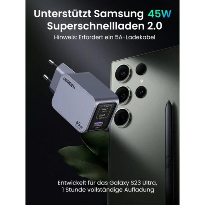 Ugreen Nexode Pro 65W 3-Portni GaN USB polnilec s priloženim 1,5M 100W USB-C polnilnim kablom