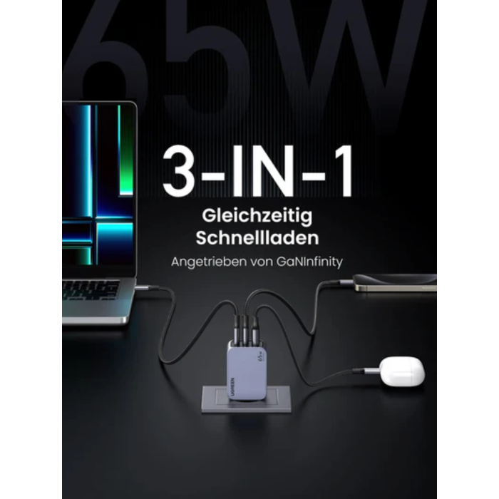 Ugreen Nexode Pro 65W 3-Portni GaN USB polnilec s priloženim 1,5M 100W USB-C polnilnim kablom