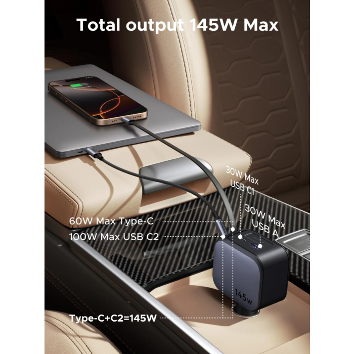 Ugreen 145W avtopolnilec z vgrajenim USB-C kablom