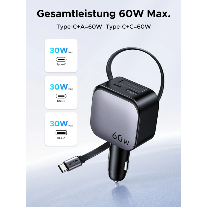 Ugreen 60W avtopolnilec z vgrajenim USB-C kablom