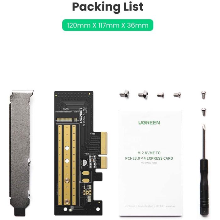 Ugreen M.2 PCIe NVME na PCIe 3.0 x4 x8 x16 adapter - box