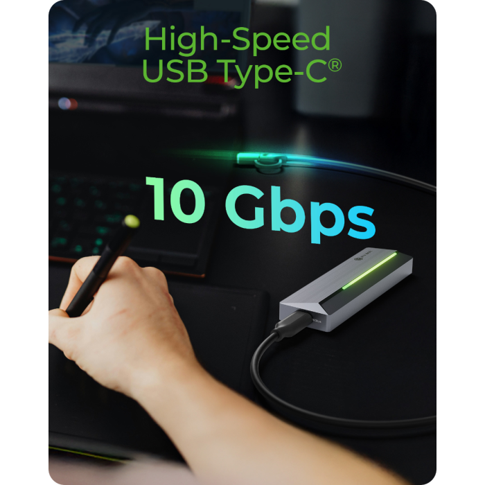 IcyBox IB-1826MCL-CU31 ohišje za M.2 NVMe/SATA SSD z vmesnikom USB-C 3.2 Gen 2 in RGB lučmi