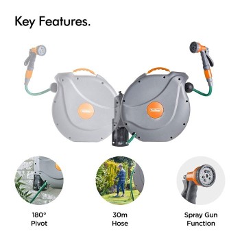 VonHaus stenski nosilec za cev 30m auto Roll-Up 8-funkcijska razpršilna pištola