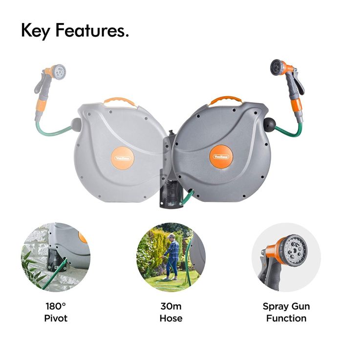 VonHaus stenski nosilec za cev 30m auto Roll-Up 8-funkcijska razpršilna pištola