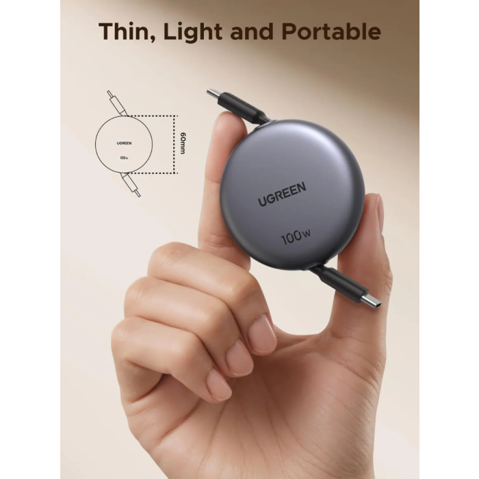 Ugreen USB-C na USB-C izvlečni polnilni kabel 100W, 1M