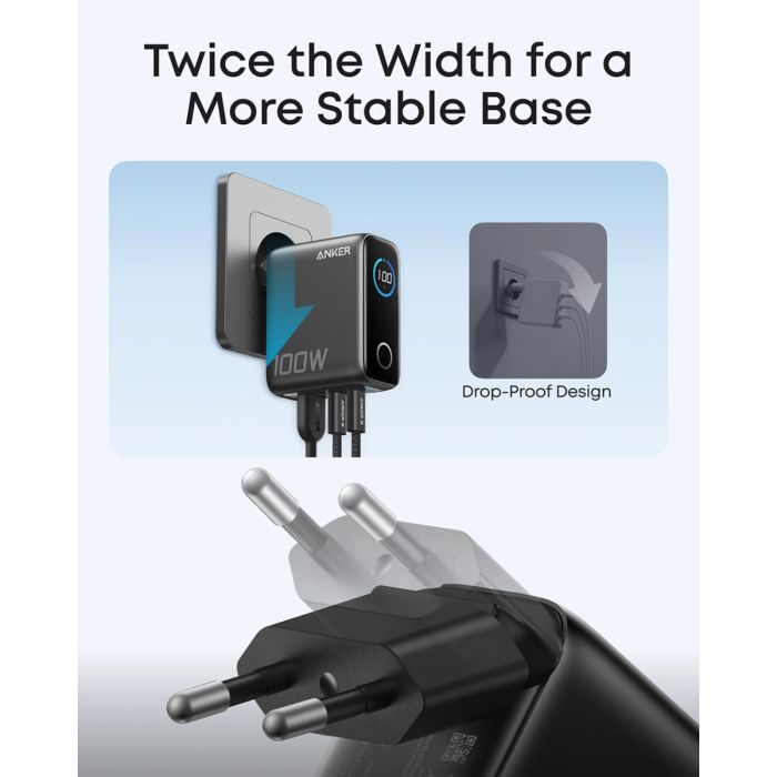 Anker 100W GaN Smart Display 3-portni polnilec, temno siv
