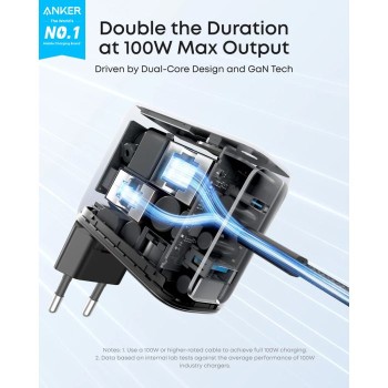 Anker 100W GaN Smart Display 3-portni polnilec, srebrn
