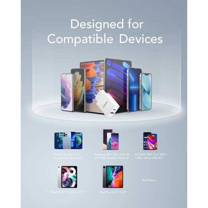 VEGER VLS302U 2-portni polnilec, USB-A/USB-C, QC3.0/PD3.0, bel VEGER VEGER VLS302U 2-portni polnilec, USB-A/USB-C, QC3.0/PD3.0, bel