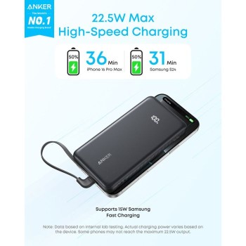 Anker Zolo Powerbank 10000 mAh, 22,5W z vgrajenim USB-C kablom, črn