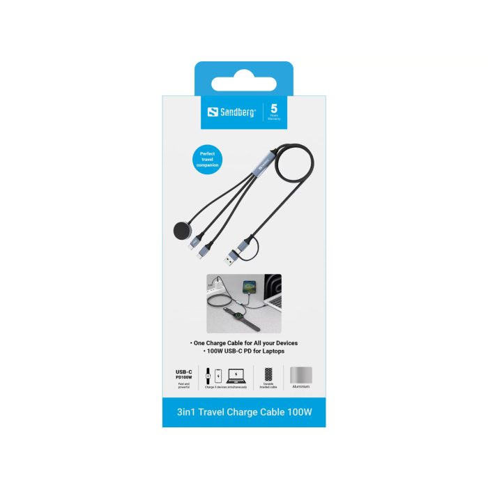 Sandberg 3v1 100W potovalni polnilni kabel