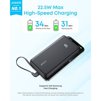 Anker Zolo Powerbank 20000 mAh, 22,5W z vgrajenim USB-C kablom, bel