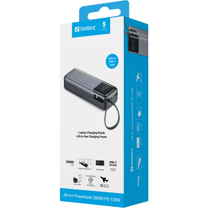 Sandberg All-in1 Powerbank 20000 PD 130W prenosna baterija SANDBERG Sandberg All-in1 Powerbank 20000 PD 130W prenosna baterija