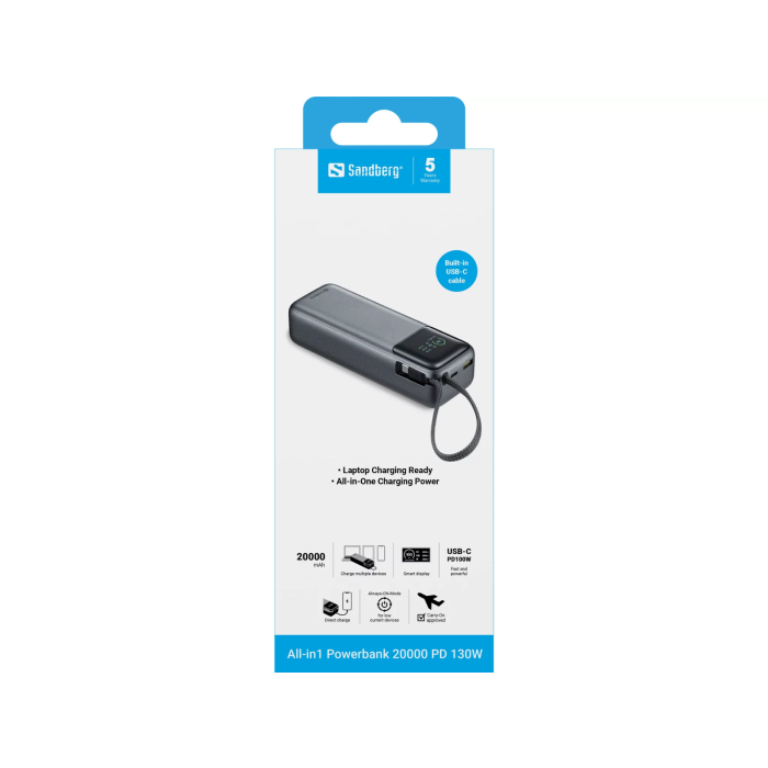 Sandberg All-in1 Powerbank 20000 PD 130W prenosna baterija SANDBERG Sandberg All-in1 Powerbank 20000 PD 130W prenosna baterija