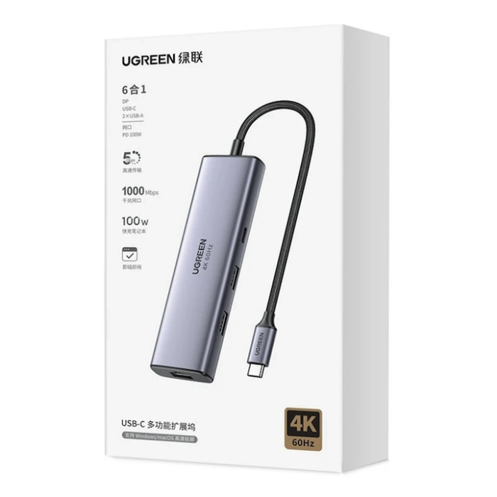 Ugreen 6-v-1 USB-C Hub (100 W PD, 4K@60Hz Displayport) UGREEN Ugreen 6-v-1 USB-C Hub (100 W PD, 4K@60Hz Displayport)