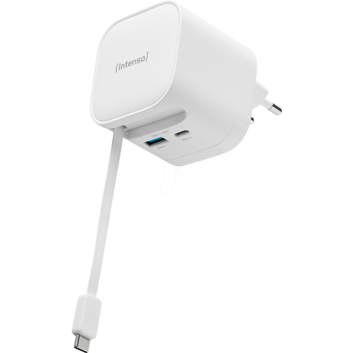 Intenso 65W GaN napajalnik z vgrajenim kablom USB-C, bel INTENSO Intenso 65W GaN napajalnik z vgrajenim kablom USB-C, bel