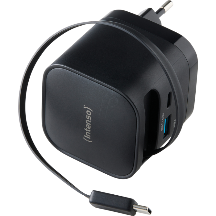 Intenso 65W GaN napajalnik z vgrajenim kablom USB-C, črn INTENSO Intenso 65W GaN napajalnik z vgrajenim kablom USB-C, črn
