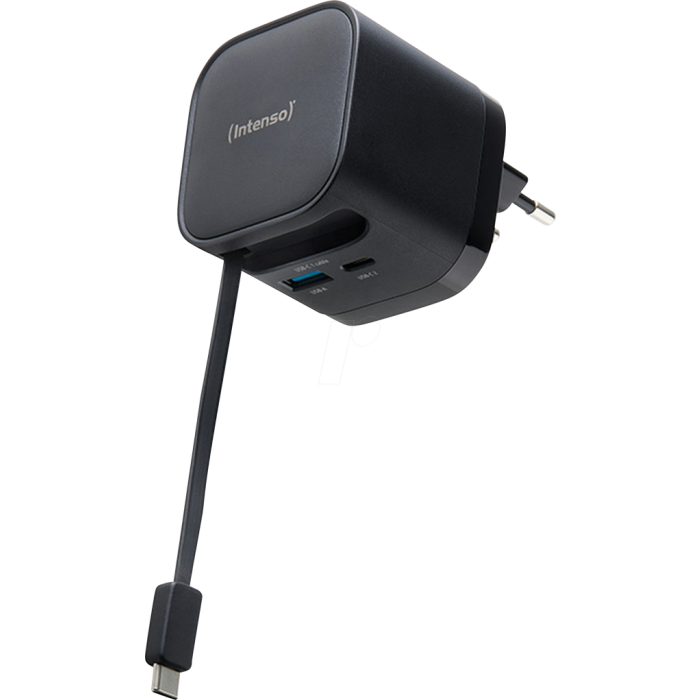 Intenso 65W GaN napajalnik z vgrajenim kablom USB-C, črn INTENSO Intenso 65W GaN napajalnik z vgrajenim kablom USB-C, črn