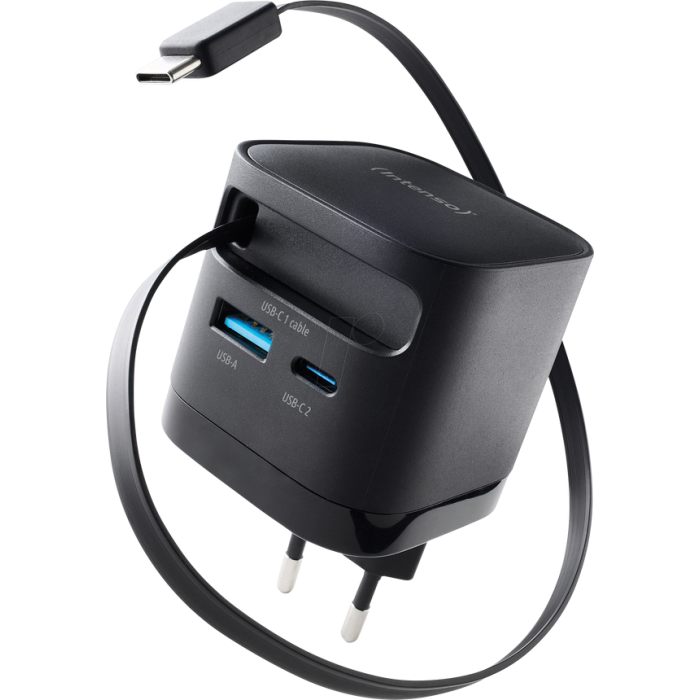 Intenso 65W GaN napajalnik z vgrajenim kablom USB-C, črn INTENSO Intenso 65W GaN napajalnik z vgrajenim kablom USB-C, črn