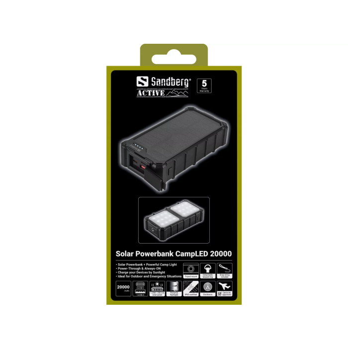 Sandberg Solar Powerbank CampLED 20000mAh prenosna baterija SANDBERG Sandberg Solar Powerbank CampLED 20000mAh prenosna baterija