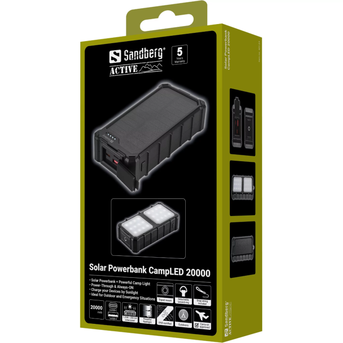 Sandberg Solar Powerbank CampLED 20000mAh prenosna baterija SANDBERG Sandberg Solar Powerbank CampLED 20000mAh prenosna baterija