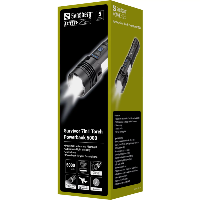 Sandberg Survivor 7-v-1 Torch Powerbank 5000 svetilka s prenosno baterijo SANDBERG Sandberg Survivor 7-v-1 Torch Powerbank 5000 svetilka s prenosno baterijo