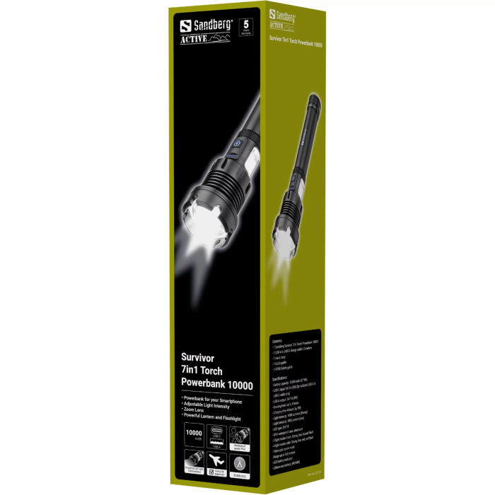 Sandberg Survivor 7-v-1 Torch Powerbank 10000 svetilka s prenosno baterijo SANDBERG Sandberg Survivor 7-v-1 Torch Powerbank 10000 svetilka s prenosno baterijo