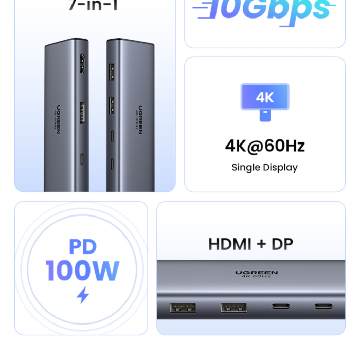 Ugreen 7v1 USB-C HUB HDMI+DP+USB+PD 100W UGREEN Ugreen 7v1 USB-C HUB HDMI+DP+USB+PD 100W