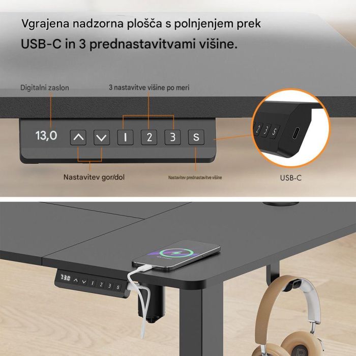 VonHaus barva svetel les električno nastavljiva dvižna pisalna miza 100 × 60 cm z USB-C polnilnim priključkom VONHAUS VonHaus barva svetel les električno nastavljiva dvižna pisalna miza 100 × 60 cm z USB-C polnilnim priključkom